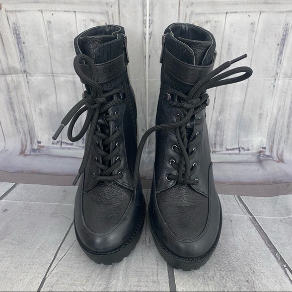 Antonio Melani Size 7.5M 7.5 Black Leather Lace Up Chunky Ankle Booties Zip - Picture 4 of 15